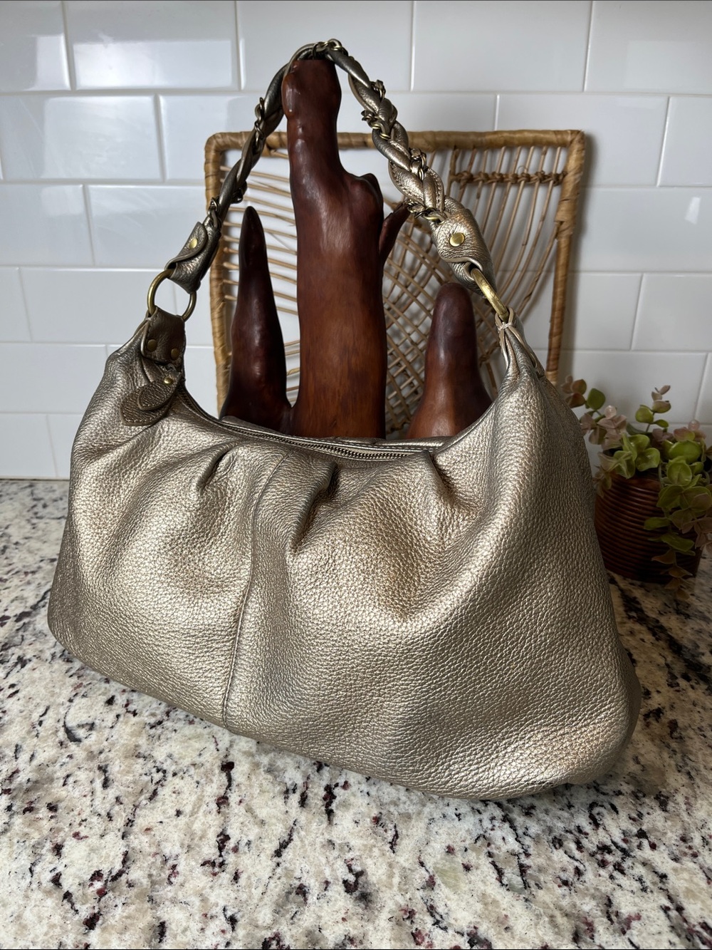 Elliott Lucca Metallic Champagne Braided-Handle Shoulder Bag